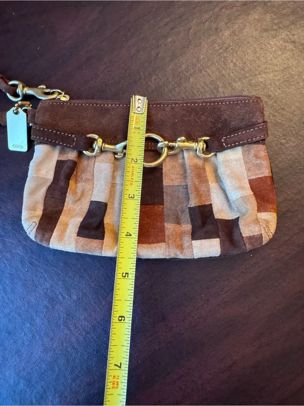vintage Coach Hamptons Mosaic patchwork suede wristlet brown brass